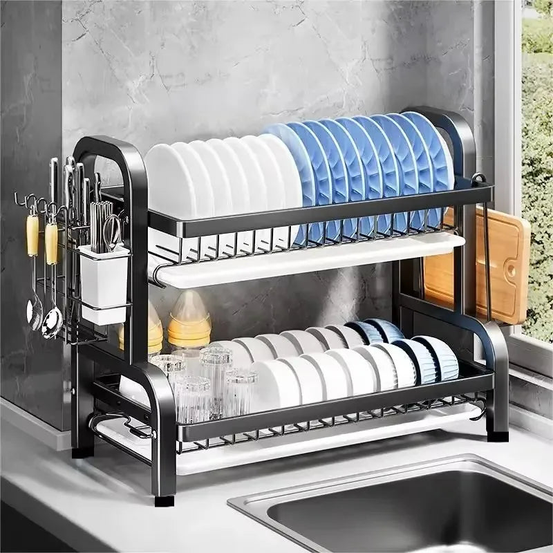 Multi-functional 1/2-Tier Dish Rack Kitchen Supplies Storage Rack Draining Rack with Chopsticks/Knives/Cutting Board Holder