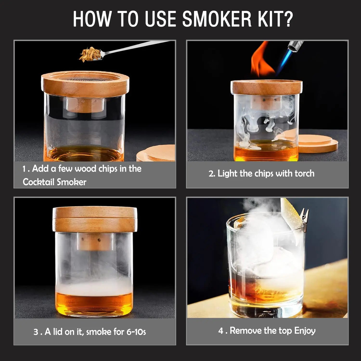 Smoker Kit Old Fashioned Whiskey Drink Smoker Infuser with Fuel Wood Shavings Smoking Cocktail Gift for Your Friends Husband Dad