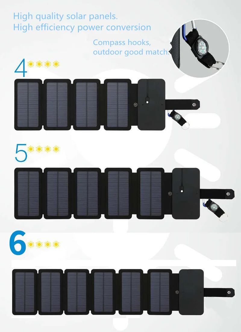 Panel de carga solar portátil multifuncional    Es plegable , es compacto por ende muy fácil de llevar , ideal para que te quedes sin batería