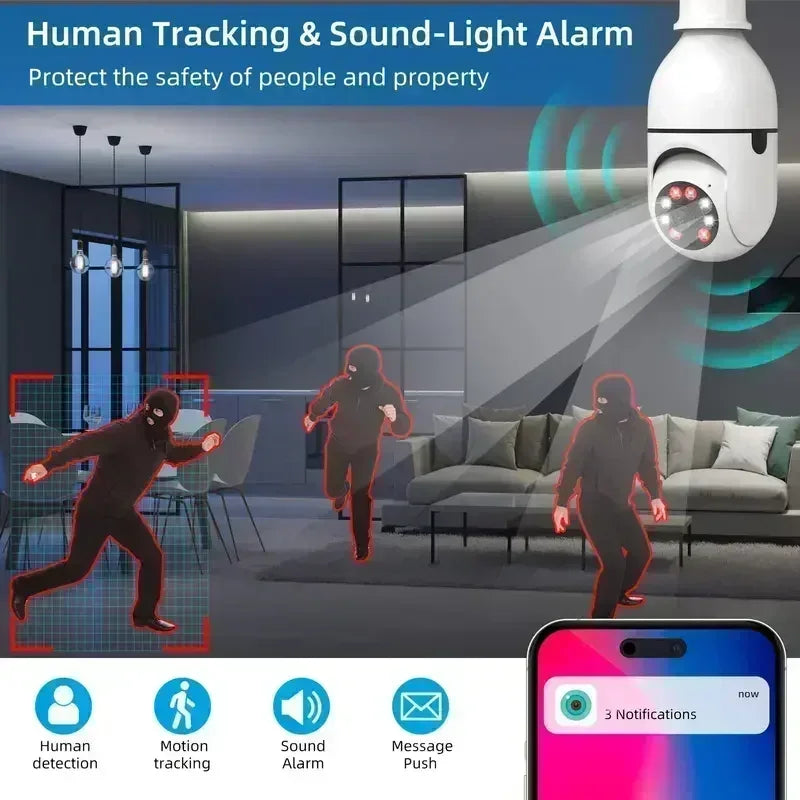 Bombilla WIFI Lente de cámara Visión nocturna Cámara de vigilancia doméstica inteligente AI Seguimiento humano Alarma de voz