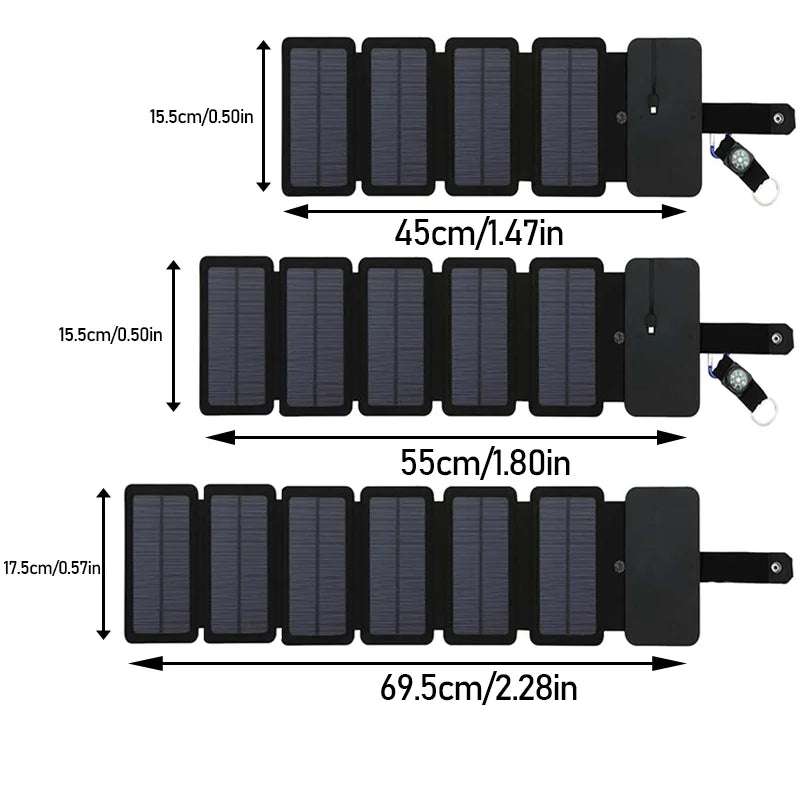 Panel de carga solar portátil multifuncional    Es plegable , es compacto por ende muy fácil de llevar , ideal para que te quedes sin batería