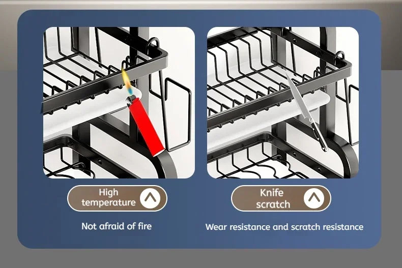 Estante multifuncional para platos de 2 niveles Estante de drenaje con palillos/cuchillos/soporte para tablas de cortar