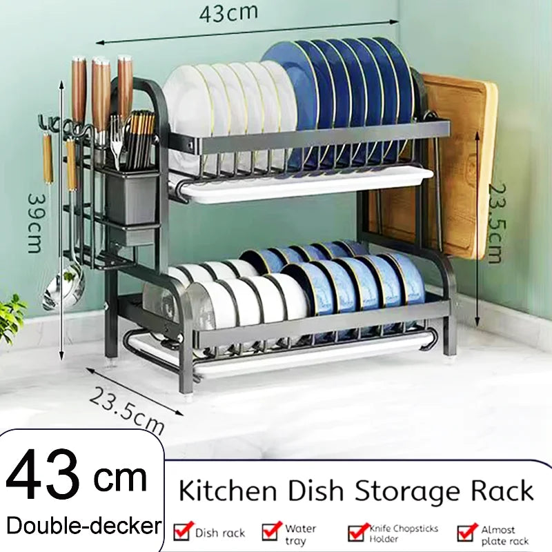 Multi-functional 1/2-Tier Dish Rack Kitchen Supplies Storage Rack Draining Rack with Chopsticks/Knives/Cutting Board Holder