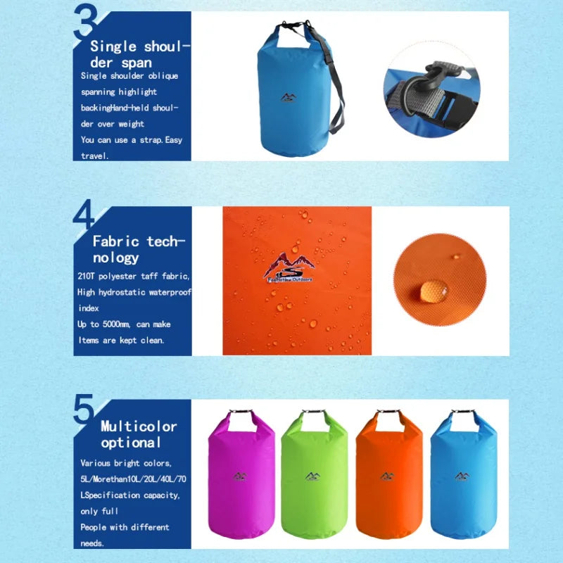 Bolsa seca impermeable para acampar a la deriva 5L10L20L40L70L Trekking Natación Rafting Kayak River Trekking Pesca Bolsa de agua al aire libre