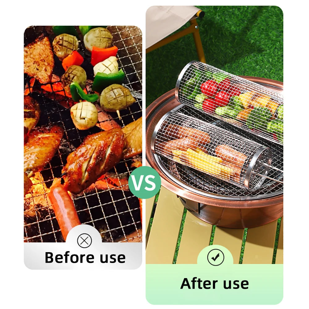 Stainless Steel Grill Basket Portable Barbecue Cage Rolling Grilling Basket Barbecue Tool BBQ Basket Outdoor Grill Accessories