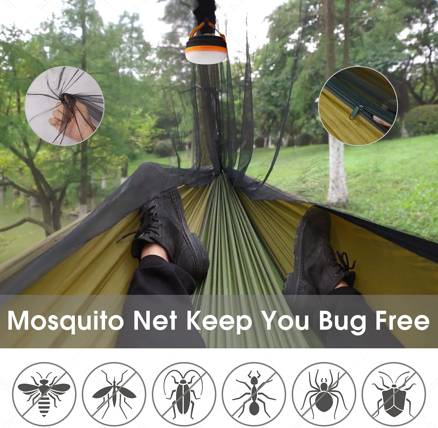 Hamaca acampada al aire libre con mosquitero y equipo para carpa contra la lluvia