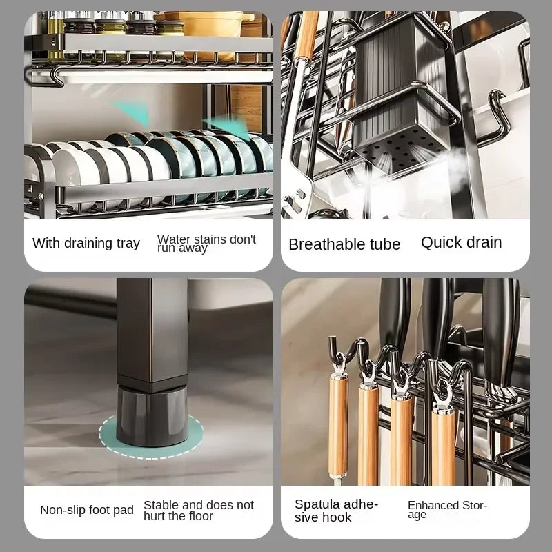 Estante multifuncional para platos de 2 niveles Estante de drenaje con palillos/cuchillos/soporte para tablas de cortar