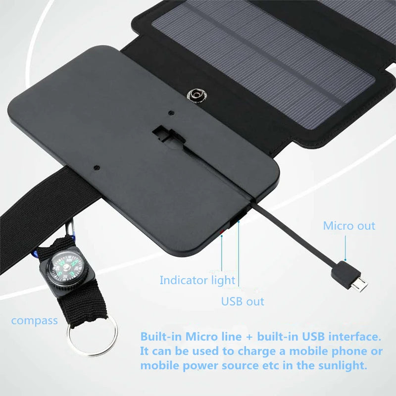 Panel de carga solar portátil multifuncional    Es plegable , es compacto por ende muy fácil de llevar , ideal para que te quedes sin batería