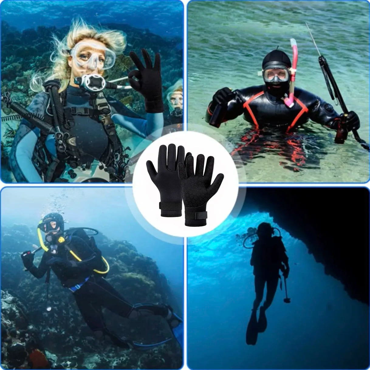 Guantes de buceo de 3 mm, guantes de pesca submarina gruesos de neopreno, antideslizantes, mantener caliente, surf, natación, kayaks, guantes ajustables de remo