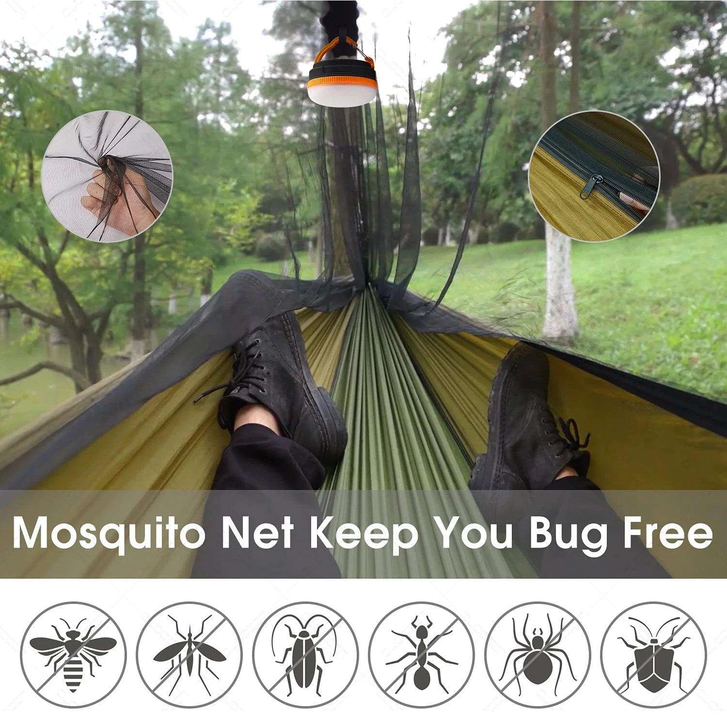 Hamaca acampada al aire libre con mosquitero y equipo para carpa contra la lluvia