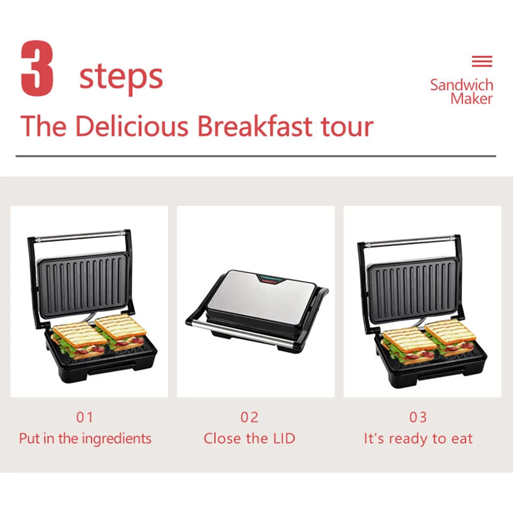 750W Waffle Sandwich Maker Home Small Roast Steak Machine Hamburger Non Stick Surface Grill Toaster Electric Breakfast Machine